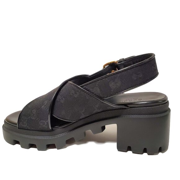 GUCCI SHOES BLACK GG SUPREME CANVAS CHUNKY LUG SOLE SANDALS - Picture 7 of 15